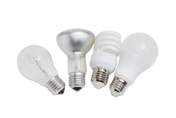 Várias lâmpadas elétricas de diferentes tipos de iluminação elétrica — Fotografia de Stock