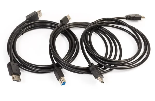 Kabely Různých Multimediálních Počítačových Rozhraní Displayport Hdmi Superspeed Usb Zkroucené — Stock fotografie