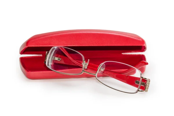 Modern Eyeglasses Women Metal Yellow Rim Red Plastic Earpieces Partly — Stock Photo, Image
