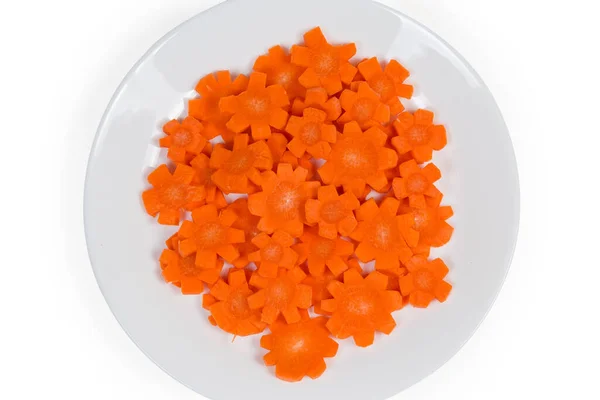 Pile Carrots Chopped Slices Form Stars White Dish White Background — Stock Photo, Image
