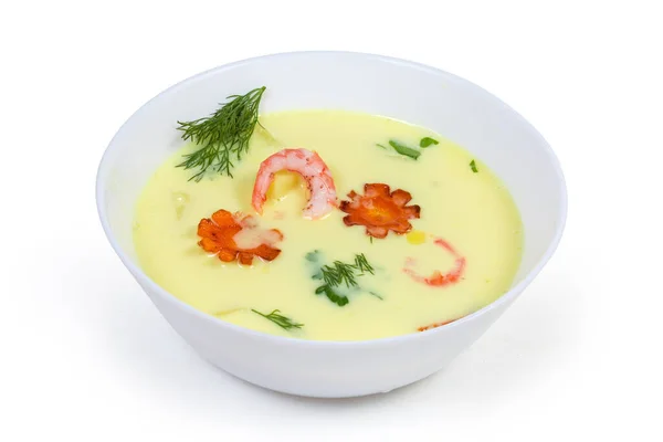 Creamy Cheese Soup Shrimps Tails White Bowl White Background — Stock Photo, Image