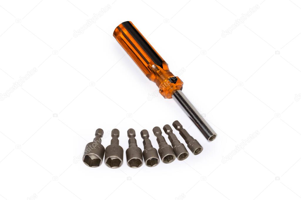 Nut driver consisting of spinner handle with hexagonal connection fitting and set of interchangeable hexagonal sockets with metric marking on a white background