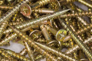 Filipinler yığını, seçici odak noktasında, sarı korozyon kaplamalı tahta vidaları batırdı.