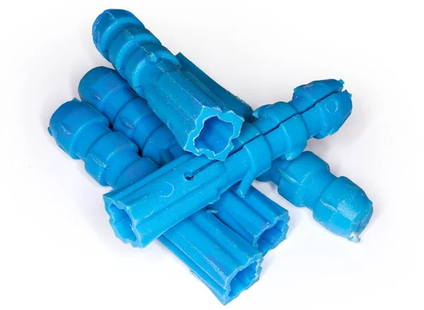 Âncoras Parede Com Nervuras Plástico Azul Fundo Branco Close — Fotografia de Stock