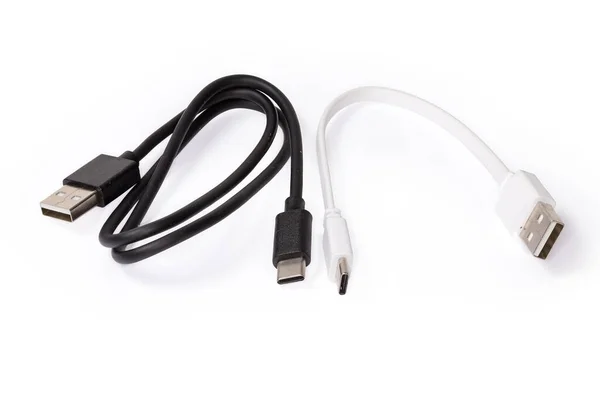 Cabos Usb Brancos Pretos Curtos Longos Com Plugues Tipo Tipo — Fotografia de Stock