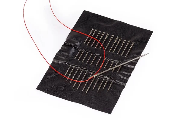 白い背景に同じ針のセットの上に簡単に糸を開くと目に赤い糸を挿入した手縫い針 — ストック写真