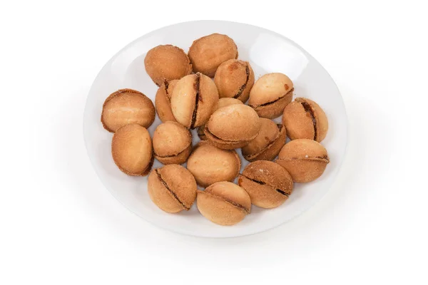 Galletas Forma Nueces Con Relleno Caramelo Leche Condensada Azucarada Sobre —  Fotos de Stock