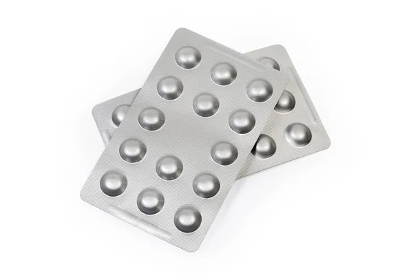 Envases Blister Papel Aluminio Productos Farmacéuticos Sobre Fondo Blanco Vista —  Fotos de Stock