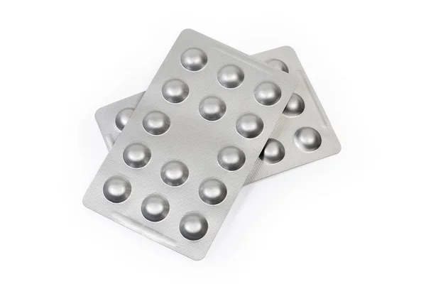 Plaquettes Thermoformées Aluminium Produits Pharmaceutiques Sur Fond Blanc Vue Dessus — Photo