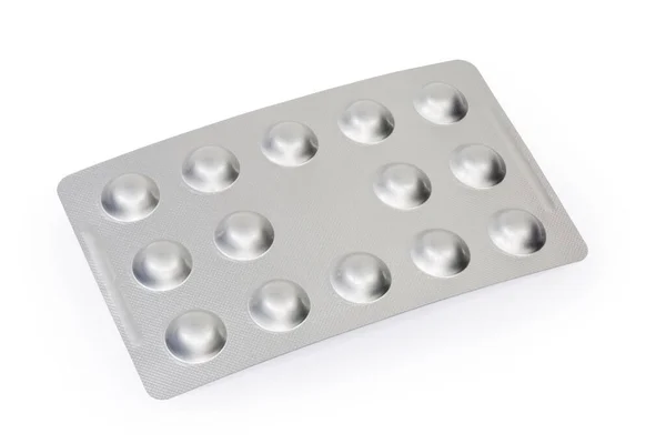 Aluminiumfolien Blisterverpackung Mit Pharmazeutischen Produkten Auf Weißem Hintergrund Nahaufnahme Selektivem — Stockfoto