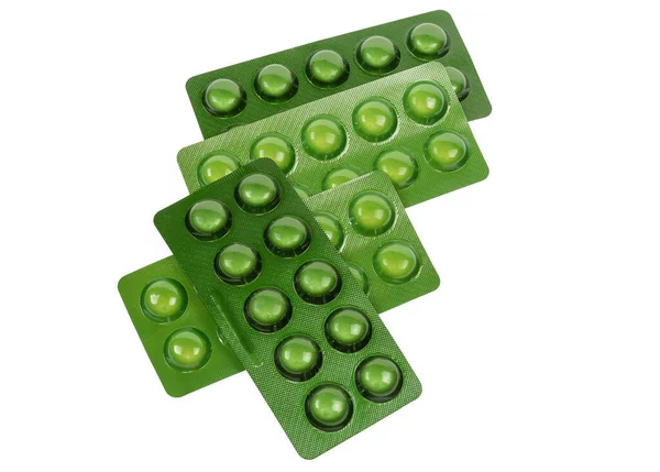 Pacotes Blisters Verdes Produtos Farmacêuticos Sobre Fundo Branco — Fotografia de Stock