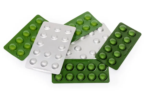 Mucchio Delle Confezioni Blister Verde Confezioni Blister Prodotti Farmaceutici Fondo — Foto Stock