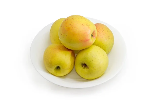 Several Freshly Harvested Yellow Apples White Dish White Background — Stock Photo, Image