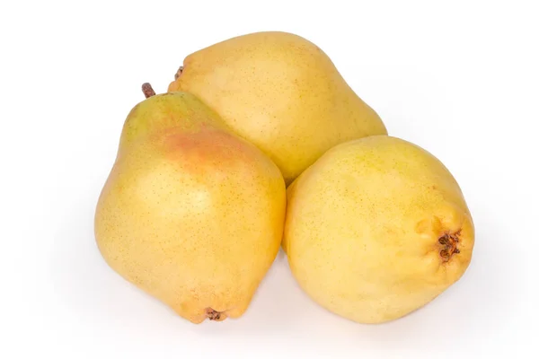 白い背景にライモネラの品種の熟した黄色の梨 クローズアップ — ストック写真
