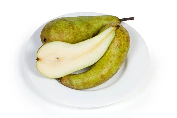 Half Whole Ripe Greenish Brown Pears Conference Variety White Plate — Stock Photo, Image