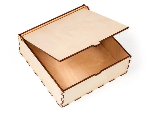 Маленькая Пустая Прямоугольная Деревянная Коробка Частично Открытой Крышкой Белом Фоне — стоковое фото