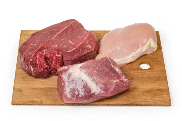 Stora Bitar Olika Okokt Benfritt Kött Skinnfritt Kycklingbröst Fläsk Och — Stockfoto