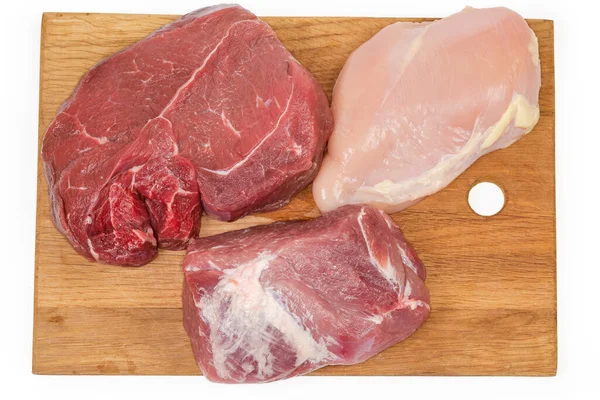 Stora Bitar Olika Okokt Benfritt Kött Skinnfria Kyckling Bröst Fläsk — Stockfoto