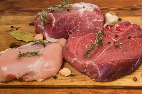 Big Pieces Various Uncooked Boneless Meat Chicken Breast Pork Beef — Stock Photo, Image