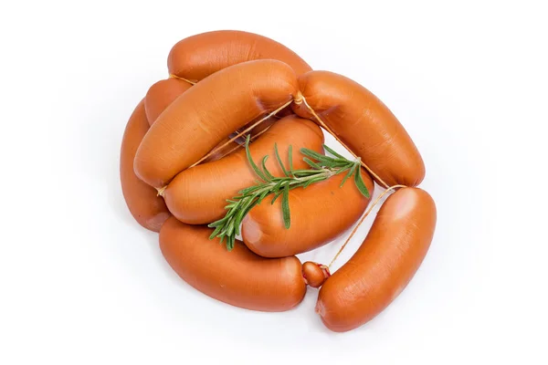 Small Pile Uncooked Short Thick Sausages Bound Twine Fresh Rosemary — Stock Photo, Image