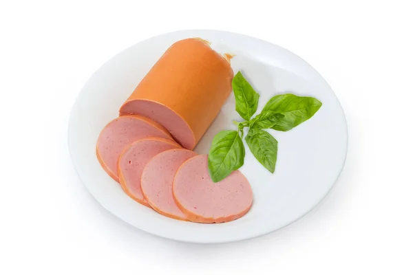 Partly Sliced Thick Structuralless Boiled Sausage Made Homogeneous Minced Pork — Stock Photo, Image