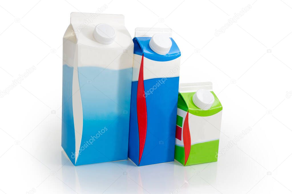 Cartons of different sizes with milk and fermented milk products with screw caps on a white background