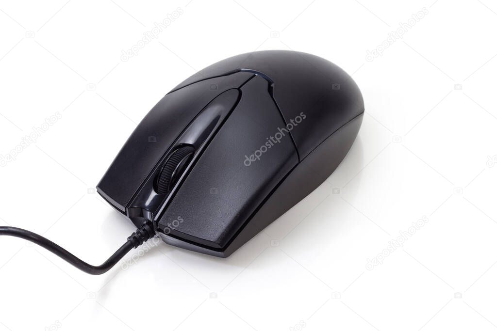 Black typical wired optical computer mouse with two buttons and scroll wheel on a white background, close-up