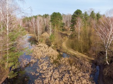İlkbaharın başlarında etrafındaki yamaçların arasında kurumuş sazlıklarla kaplı orman gölü, üst manzara.