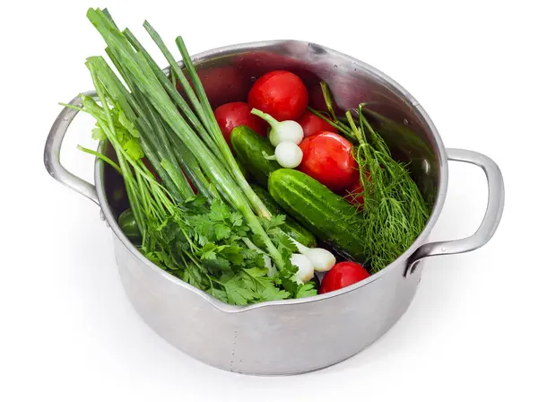 Différents Légumes Légumes Verts Lavés Dans Pot Acier Inoxydable Sur — Photo