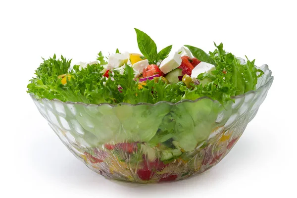 Salada Legumes Com Alface Tomates Pepinos Cebola Pimentão Queijo Mole — Fotografia de Stock