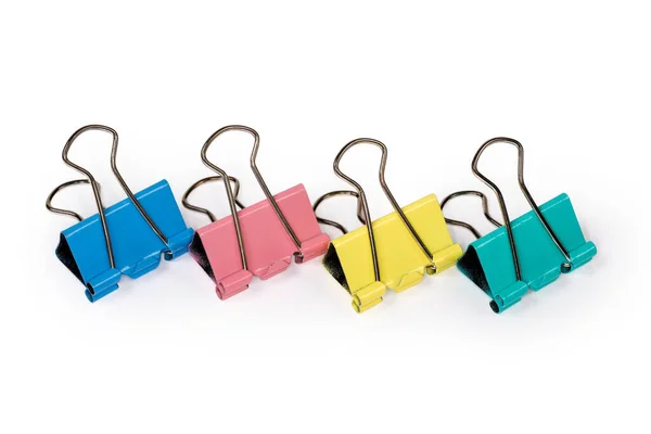 Multi Colored Metal Binder Clips Lined Row White Background Close — Stock Photo, Image