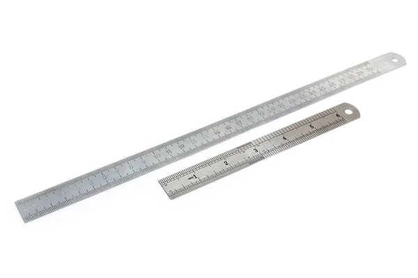 Duas Réguas Medição Aço Inoxidável Com Escalas Padrão Milímetros Polegadas — Fotografia de Stock
