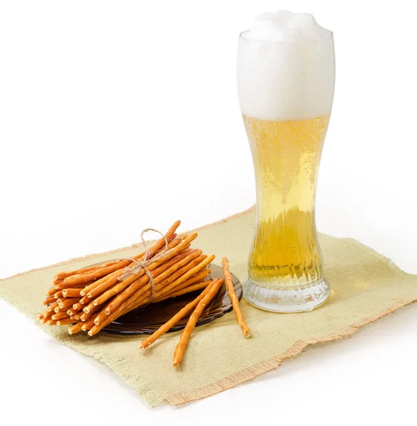 Bundle Long Salty Crunchy Pretzels Sticks Saucer Lager Beer Glass — Stock Photo, Image