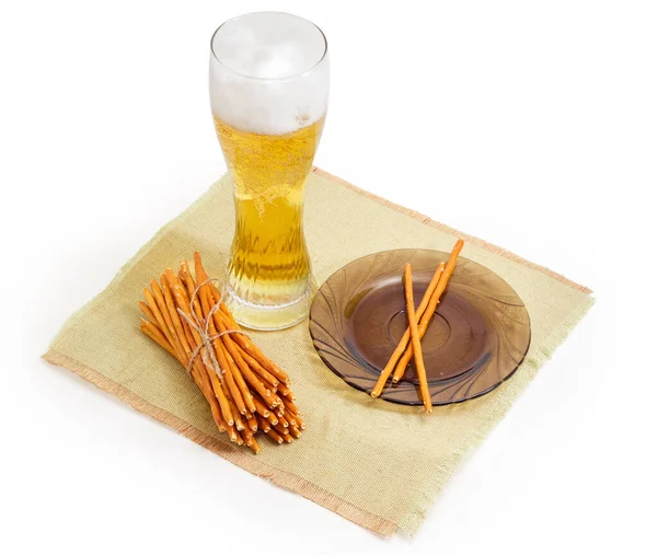 Bundle Long Salty Crunchy Pretzels Sticks Several Sticks Saucer Glass — Stock Photo, Image