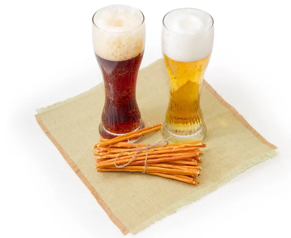 Two Glasses Lager Dark Beer Long Salty Crunchy Pretzels Sticks — Stock Photo, Image
