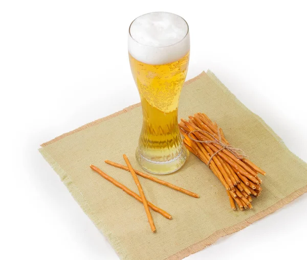 Lager Beer Glass Long Salty Crunchy Pretzels Sticks Napkin White — Stock Photo, Image