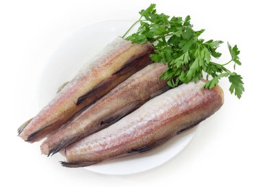 Alaska pollock 'unun çözülmemiş cesetleri. Başsız, kuyruksuz ve beyaz arka planda taze maydanozlu.