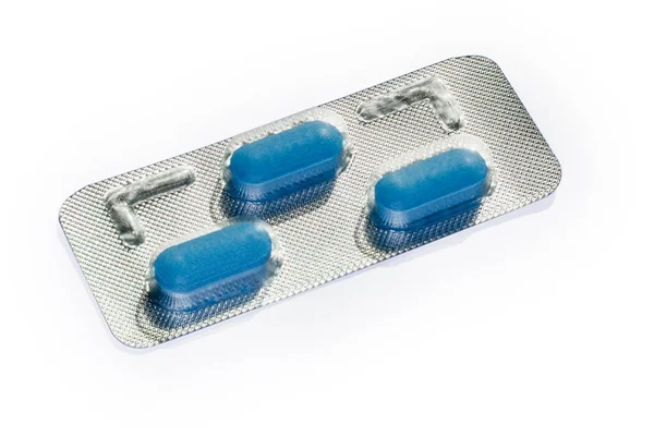 Blister Pack Three Blue Pills Pharmaceutical Drug White Background Close —  Fotos de Stock