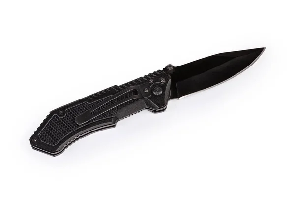Pocket Knife Open Pivoted Locking Blade Black Handle White Background —  Fotos de Stock