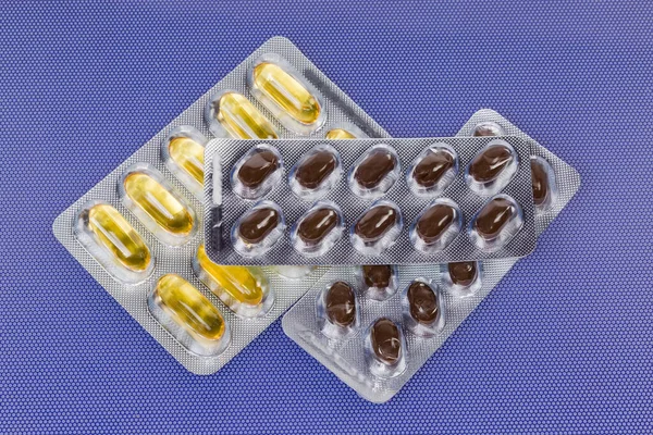 Yellow Brown Capsules Different Blister Packing Top View — Stock Photo, Image
