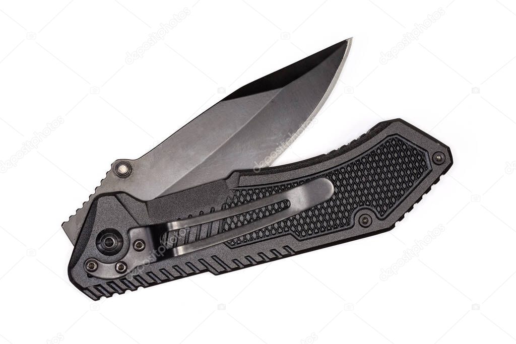 Pocket knife with partly folded pivoted locking blade and black handle on a white background, top view