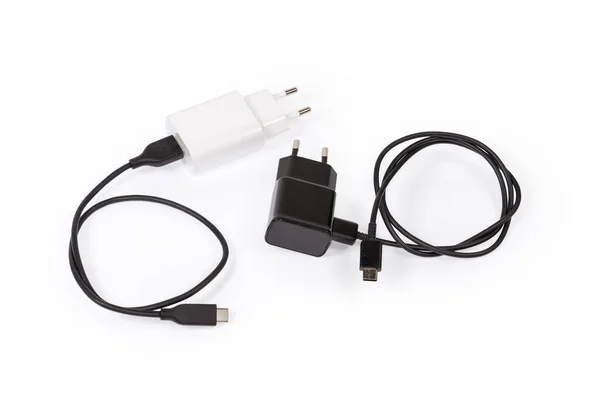 Two Different Adaptors Europlugs Connected Appropriate Usb Cables Batteries Charging — Stock Photo, Image