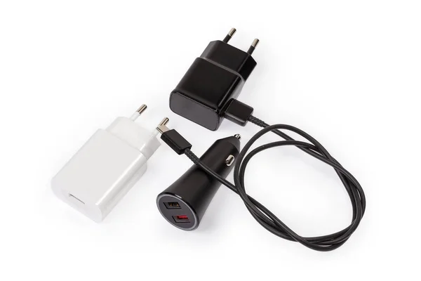 Chargeurs Usb Appareils Portables Électroniques Avec Prises Europlug Câble Approprié — Photo