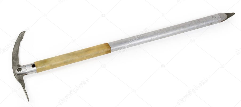 Old ice axe with long aluminum shaft with plastic grip and steel head and spike, manufactured at the end of the last century, on a white background
