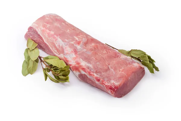 Piece Cooled Raw Pork Loin Twigs Dried Bay Leaves White — Stock Photo, Image