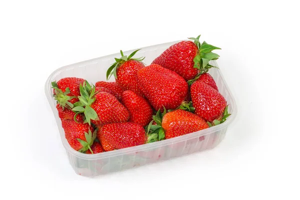 Frisch Geerntete Reife Gartenerdbeeren Verpackung Form Von Transluzenten Lebensmittelbehältern Auf — Stockfoto