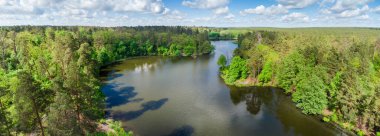 Sahilleri, yaprakları dökülen ağaçlar ve baharda çalılar arasında uzun çam ağaçları ve panoramik hava manzarası olan manzaralı bir orman gölü.