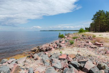Büyük bir gölün alçak kumlu kıyısı. Taşlı kıyı şeridi çam ormanlarıyla kaplı. Yaz günü bulutlarla kaplı gökyüzüne karşı.