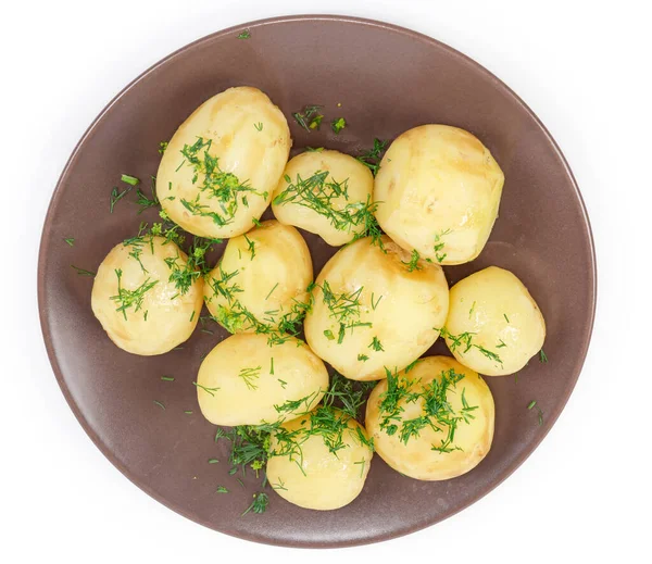 Βρασμένες Ολόκληρες Κίτρινες Πατάτες Βούτυρο Και Πασπαλίστε Φρέσκο Ψιλοκομμένο Άνηθο — Φωτογραφία Αρχείου