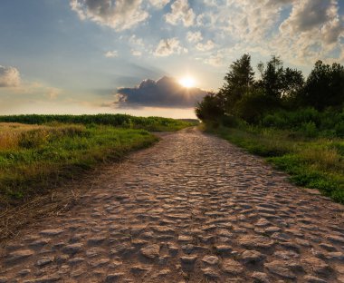 Kırsal yol gün batımında gökyüzüne karşı tarım arazileri ve ormanlar arasında taşlarla döşenmiş.